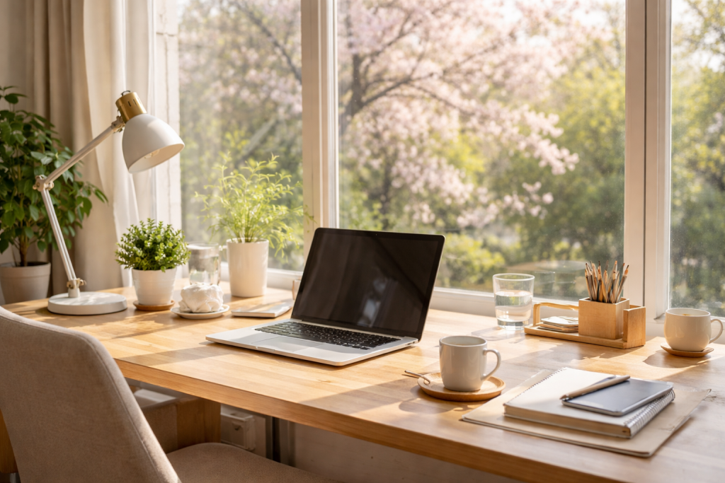 czyste biuro po sprzątaniu – wiosenne porządki i naturalne światło