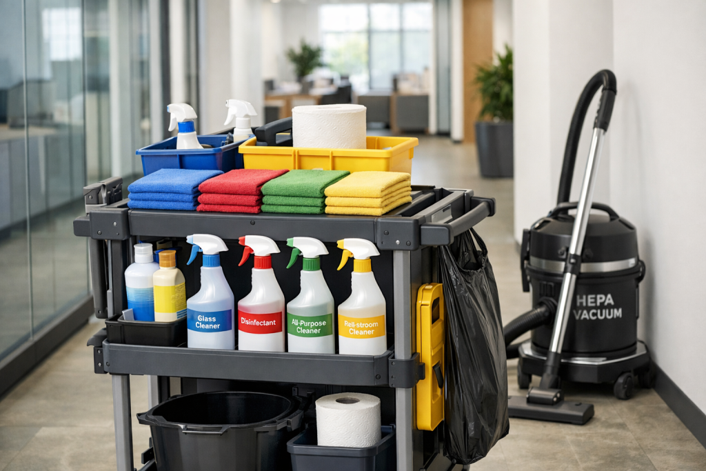 profesjonalny sprzęt do sprzątania biur z systemem kolorowych ściereczek