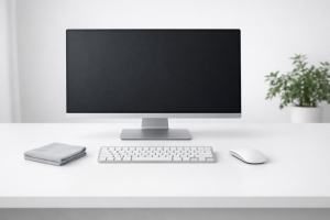 czyszczenie elektroniki w biurze Poznań – czyste, uporządkowane stanowisko komputerowe