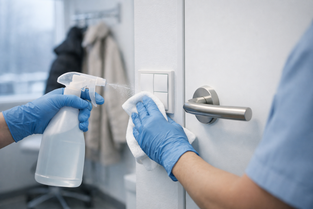 Dezynfekcja klamek i powierzchni dotykowych w przychodni lekarskiej zimą