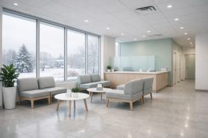 Czysta poczekalnia w przychodni lekarskiej zimą – higiena i porządek