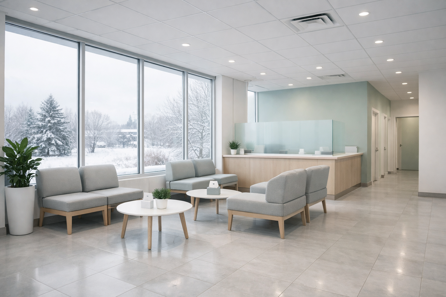 Czysta poczekalnia w przychodni lekarskiej zimą – higiena i porządek